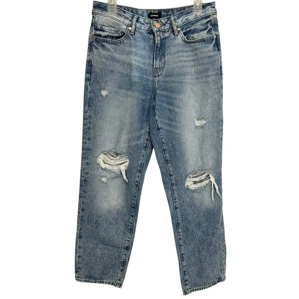 Express Mid-Rise Ripped Boyfriend Jeans Blue Size 6